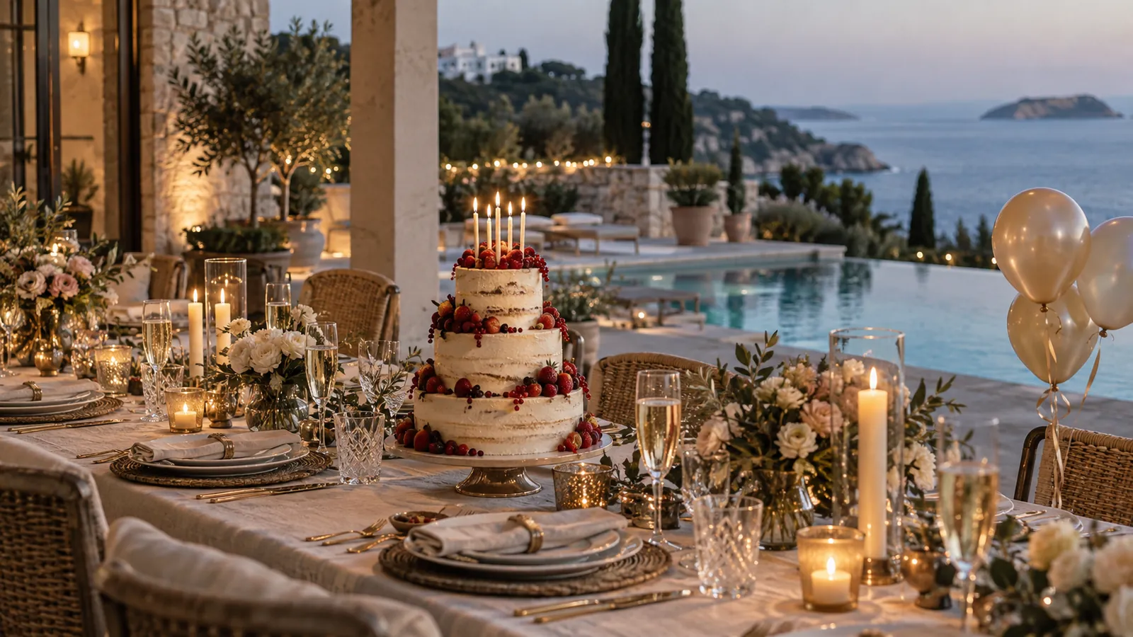 Table d'anniversaire avec gâteau aux fruits rouges et bougies sur la terrasse d'une villa face à la mer