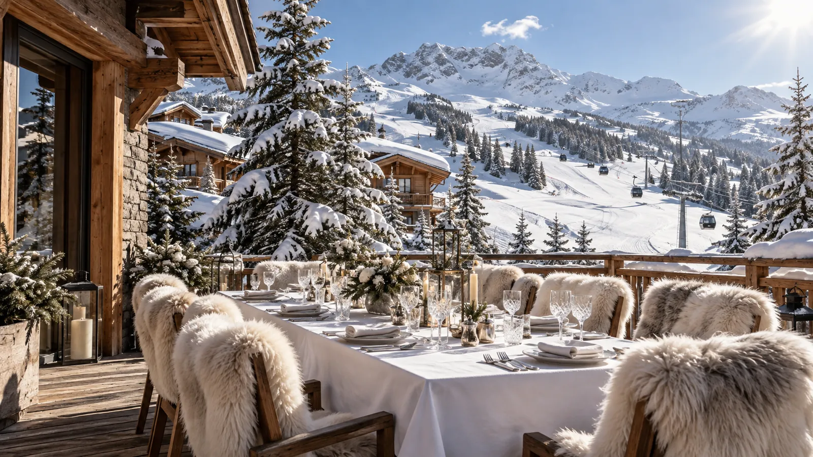 Table de déjeuner sur la terrasse ensoleillée d'un chalet de Courchevel 1850, face aux pistes