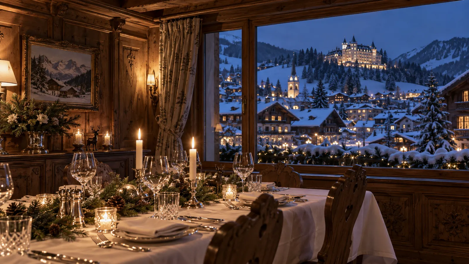Table de dîner dans un chalet de Gstaad, vue sur le village enneigé et le Palace illuminé