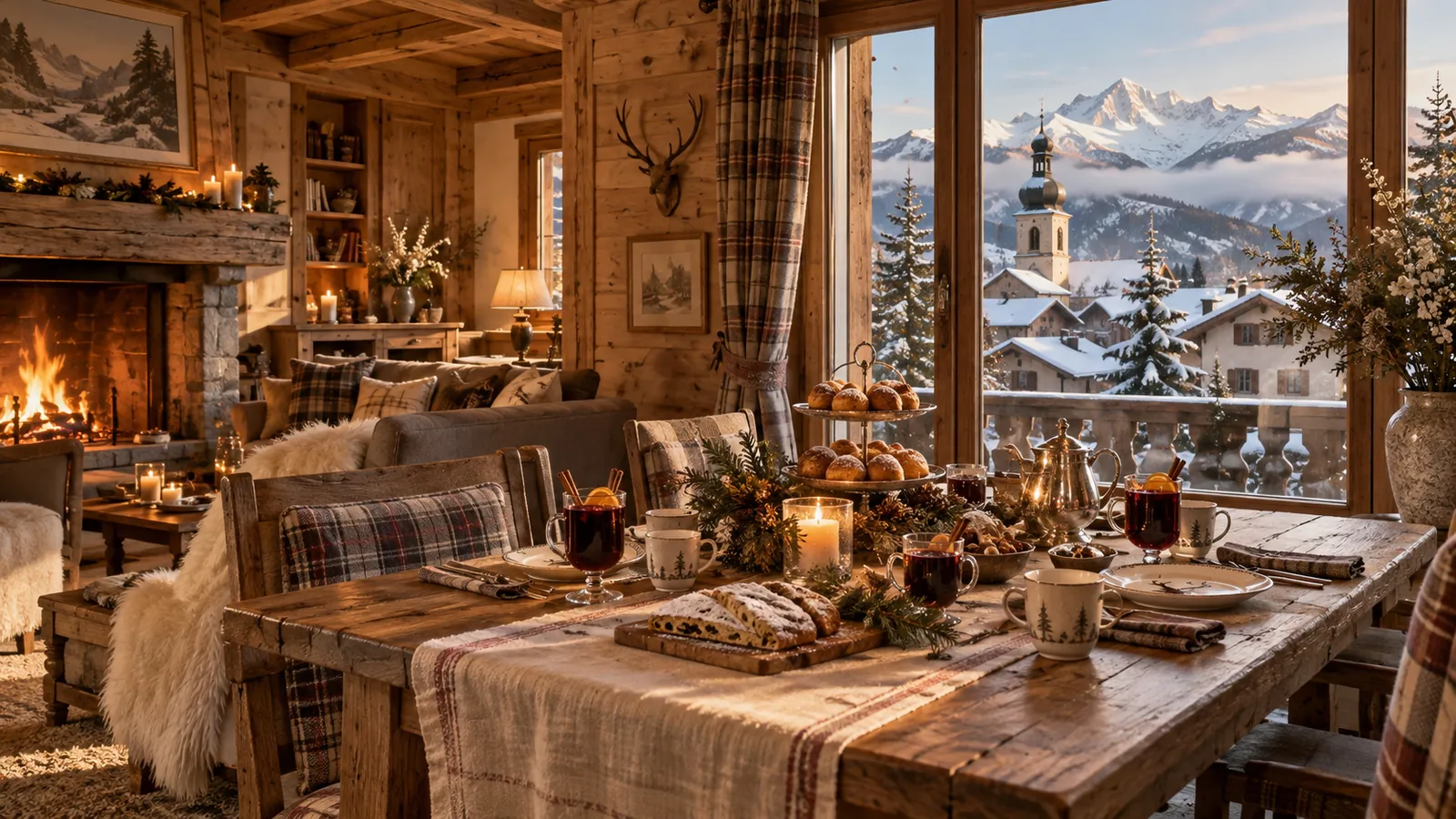 Goûter avec vin chaud dans un chalet savoyard à Megève, vue sur l'église du village et le Mont Blanc