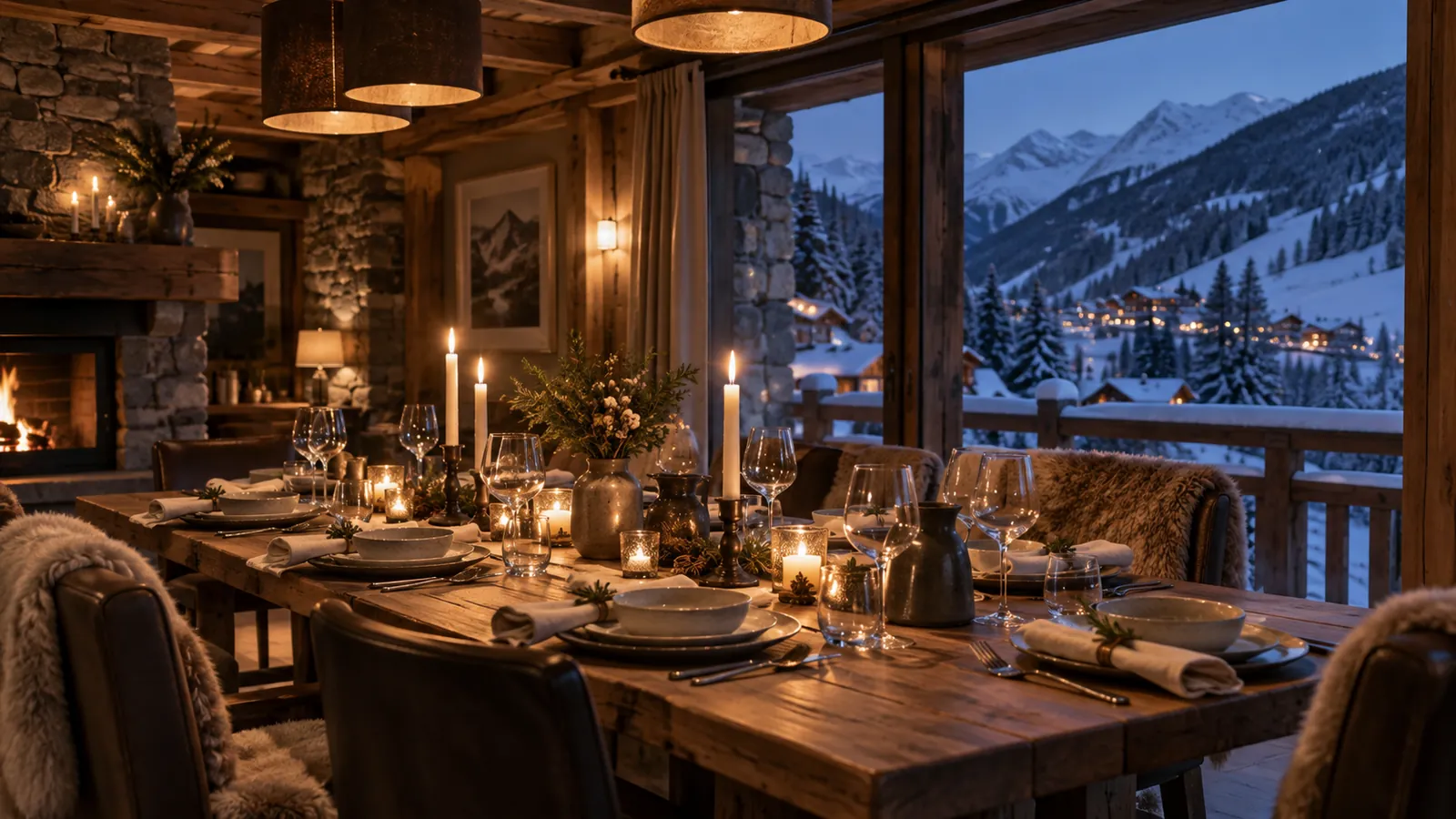 Table du soir dans un chalet de Méribel, vue sur la vallée des Allues enneigée
