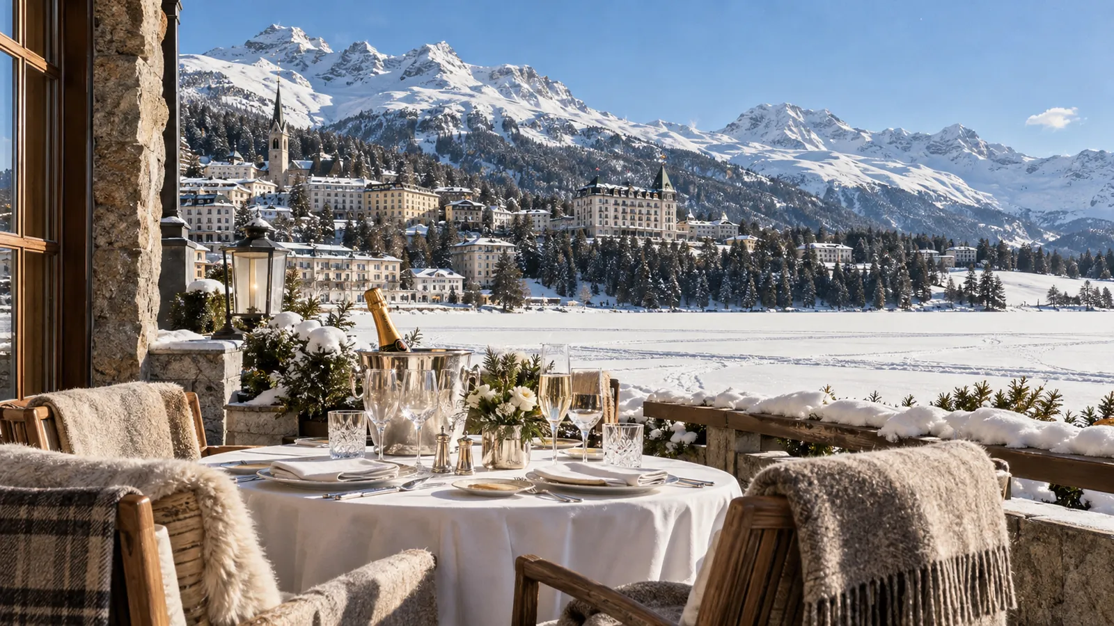 Table de déjeuner sur une terrasse face au lac gelé de Saint-Moritz et aux montagnes de l'Engadine