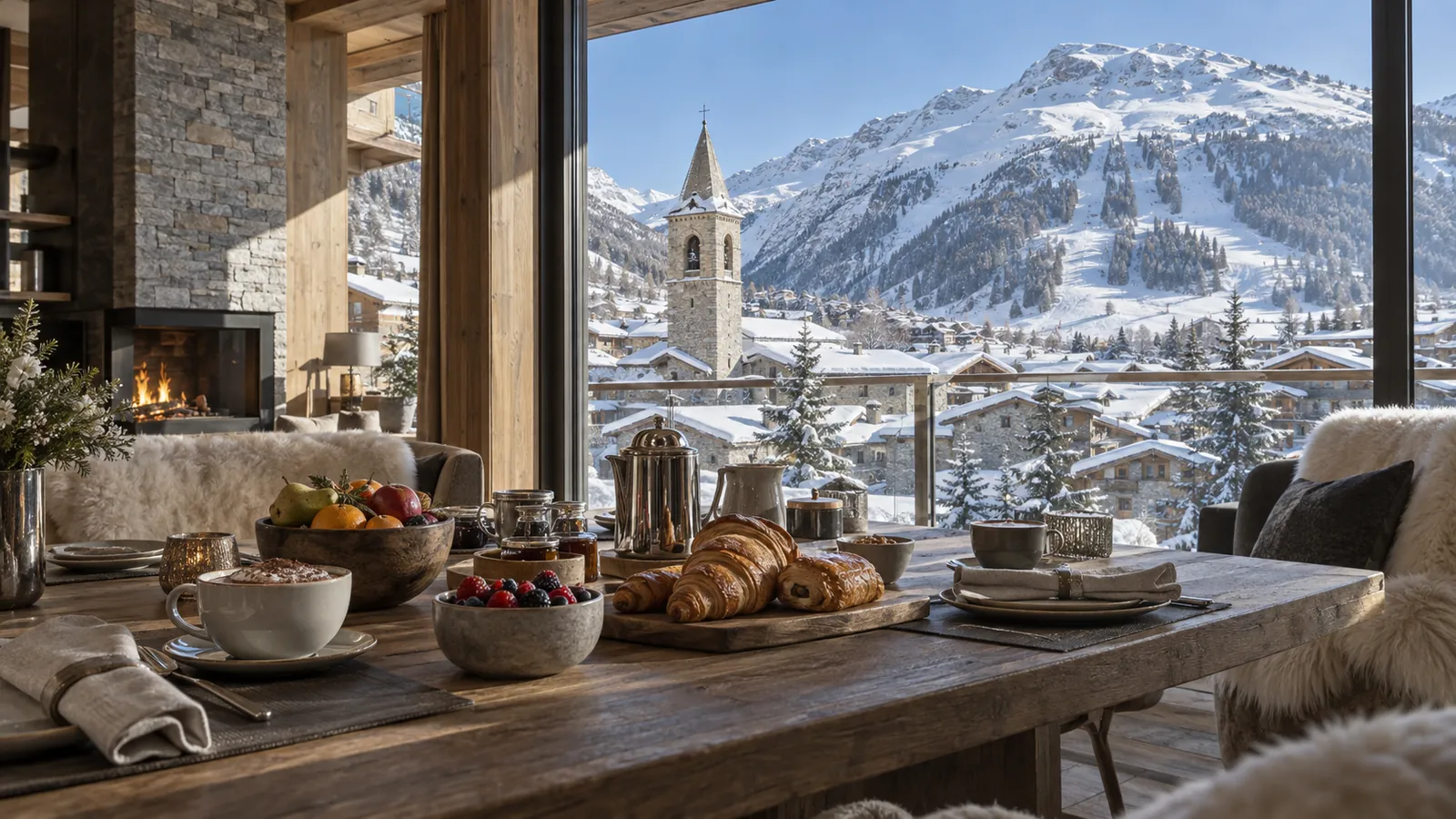 Petit-déjeuner dans un chalet de Val d'Isère, vue sur le clocher du village et la face de Bellevarde