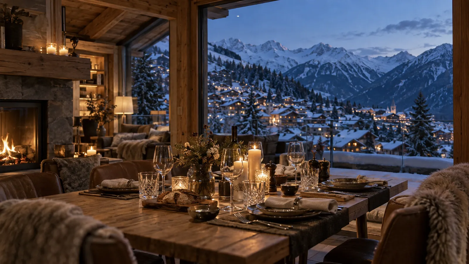 Table de dîner dans un chalet de Verbier, vue sur le village enneigé et le Val de Bagnes au crépuscule