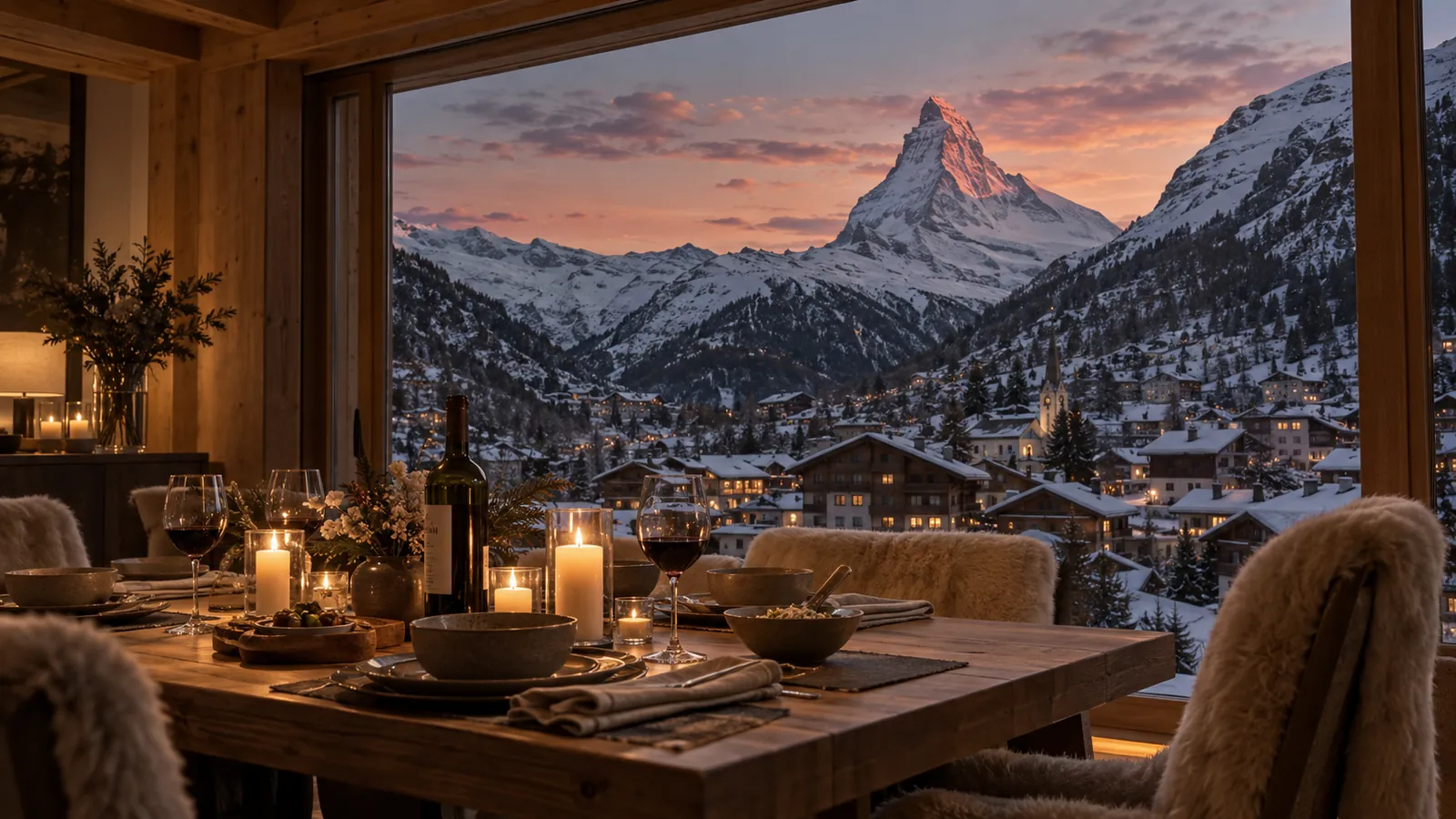 Table de dîner dans un chalet de Zermatt, face au Cervin au coucher du soleil