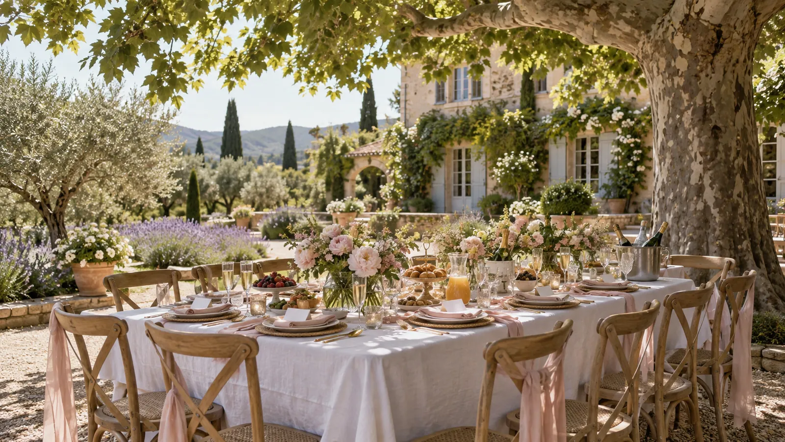 Table dressée sous un platane dans le jardin d'un mas provençal