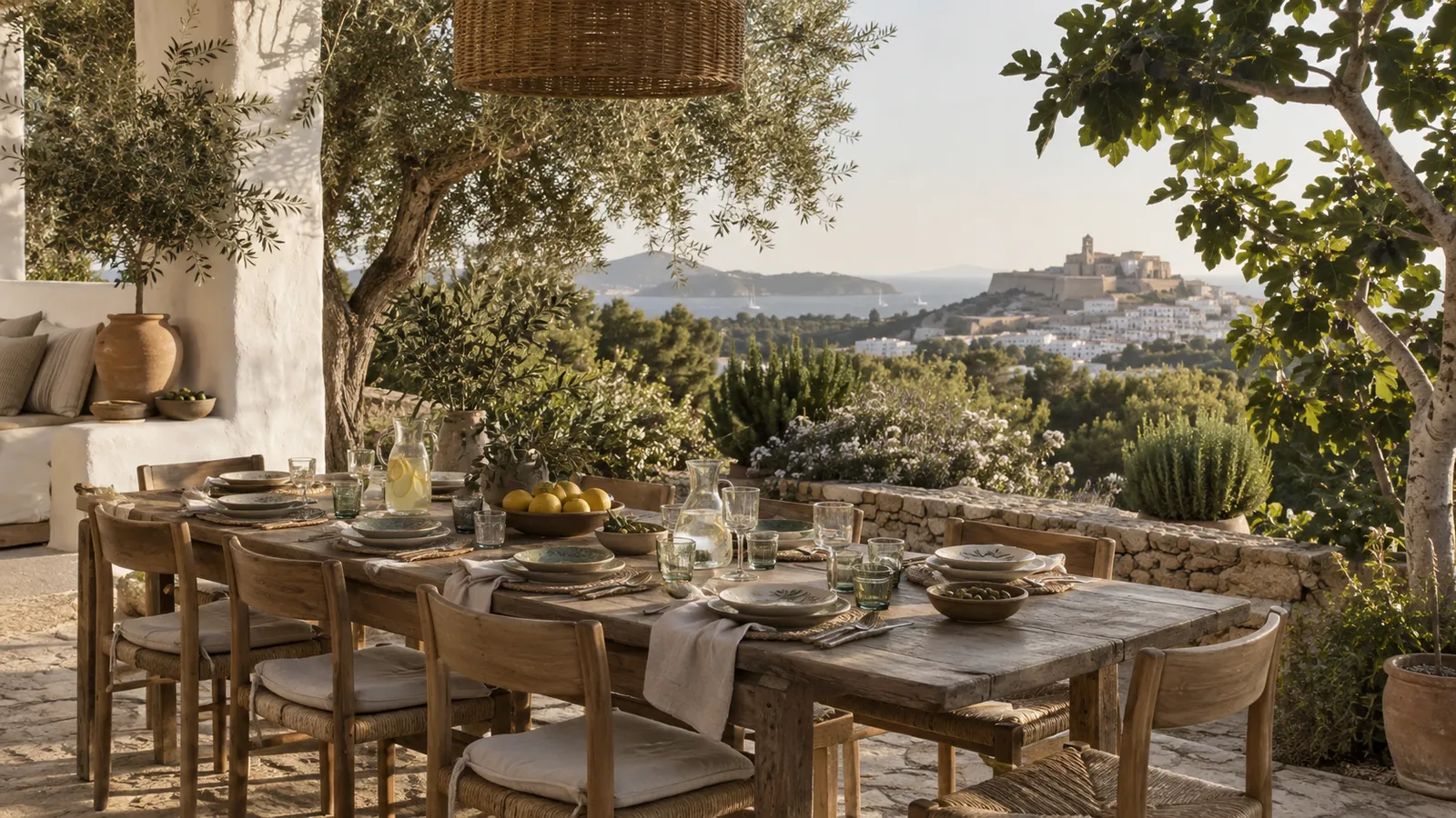 Table familiale dressée sur la terrasse d'une finca à Ibiza, vue sur la vieille ville de Dalt Vila