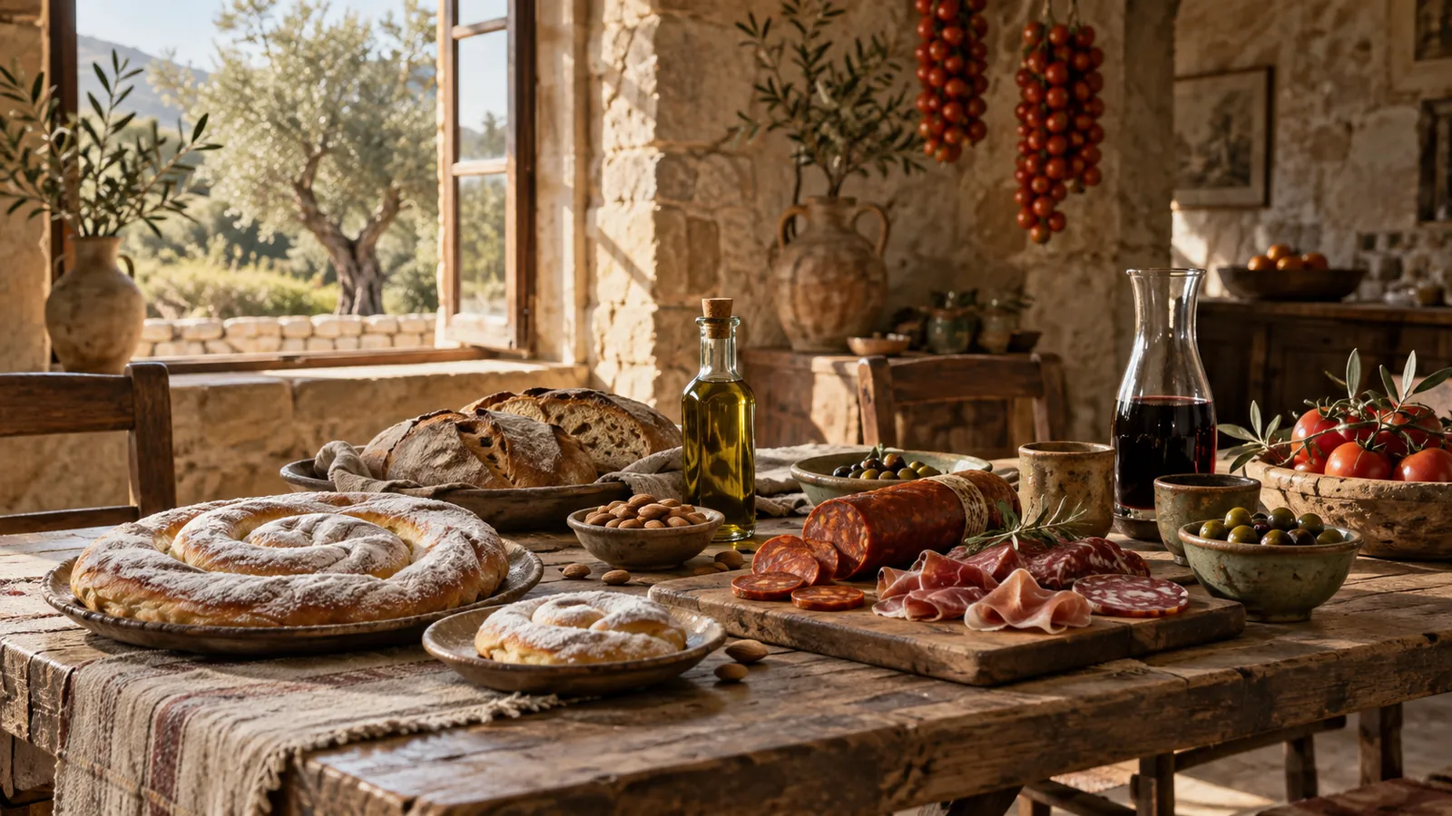 Produits majorquins sur la table d'une finca : ensaïmadas, sobrassada, amandes, tomates de ramellet et huile d'olive