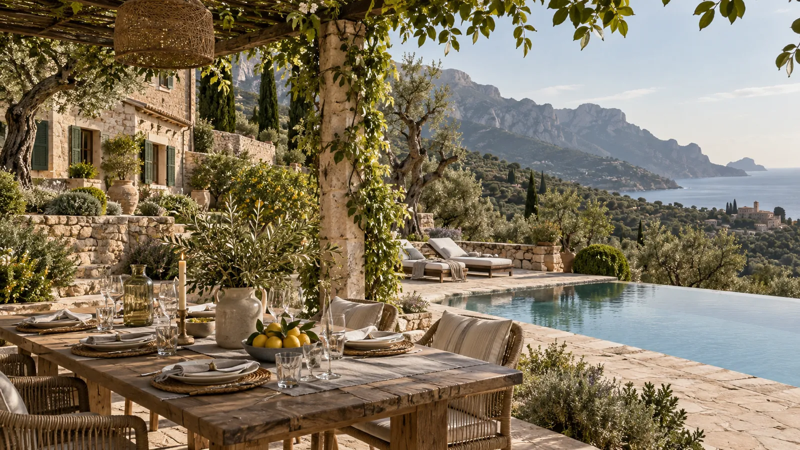 Villa en pierre majorquine avec piscine à débordement et oliviers, face à la Serra de Tramuntana