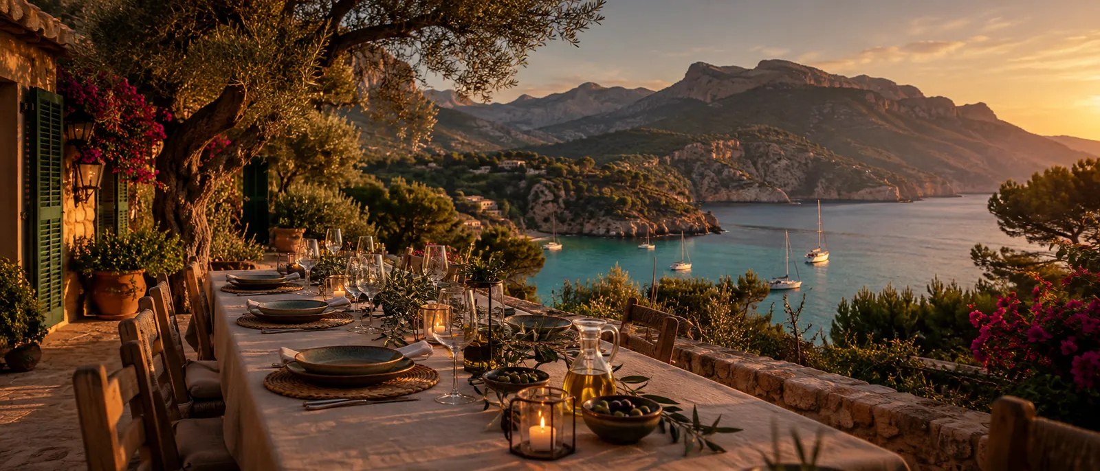 Table dressée sur la terrasse d'une villa à Majorque, face à la mer et à la Serra de Tramuntana