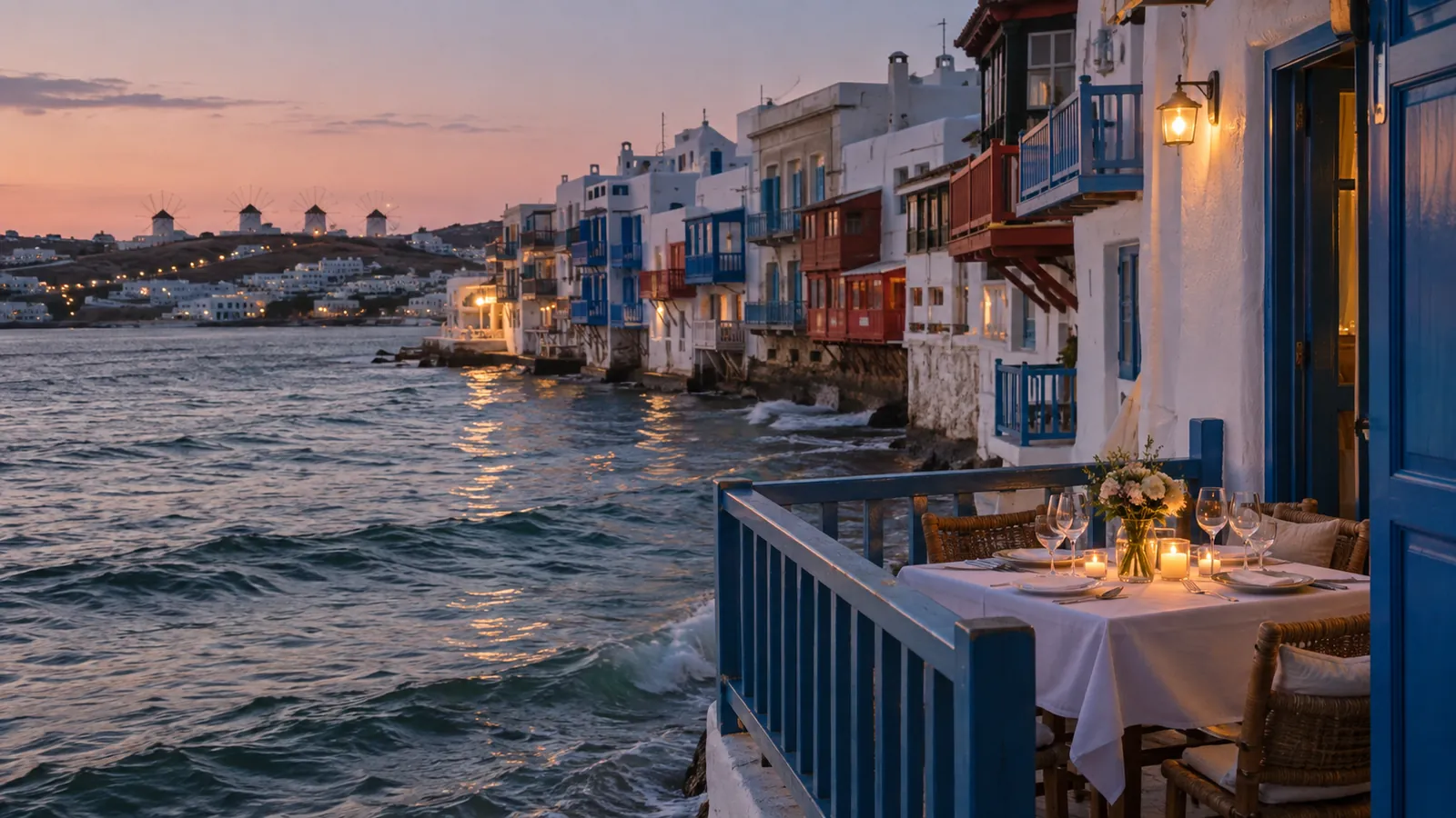 Table dressée sur un balcon de Little Venice à Mykonos, au-dessus de la mer au crépuscule