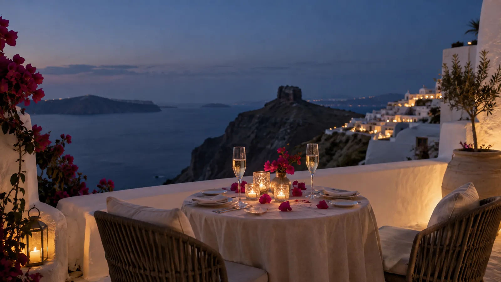 Table pour deux aux bougies sur une terrasse d'Imerovigli, face à la caldeira de Santorin à l'heure bleue