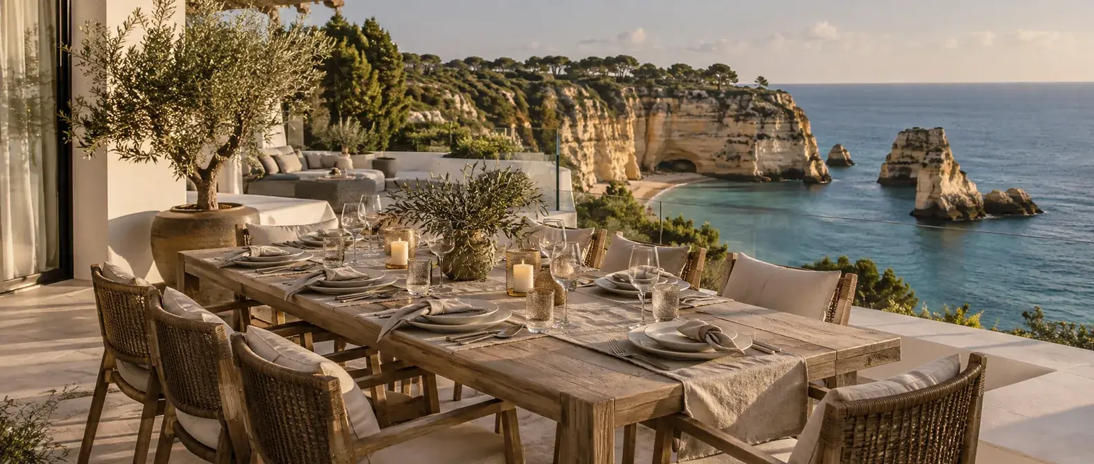 Table en bois dressée pour huit sur la terrasse d'une villa au-dessus des falaises de Praia da Marinha, en Algarve