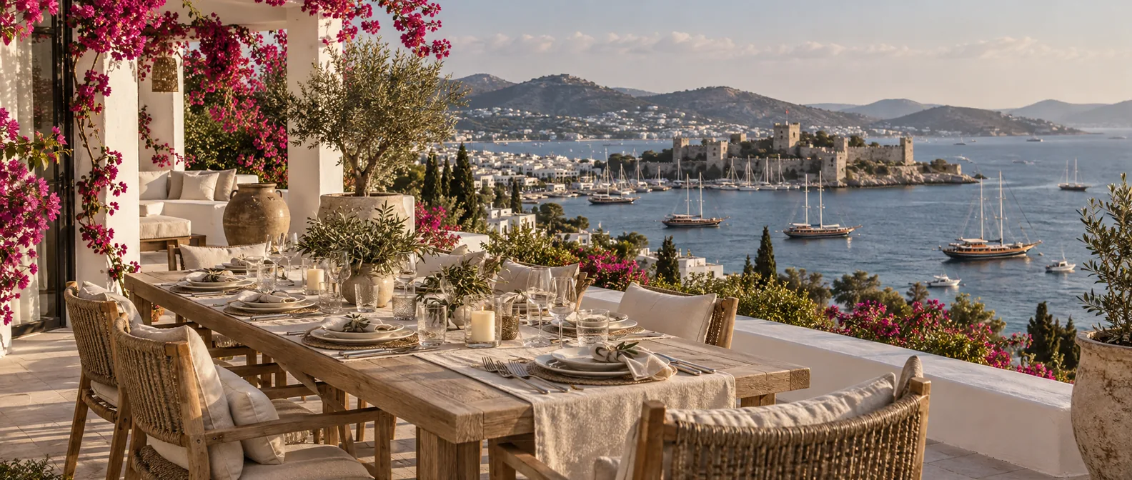 Table dressée sur la terrasse d'une villa fleurie de bougainvilliers, face à la baie de Bodrum et à son château