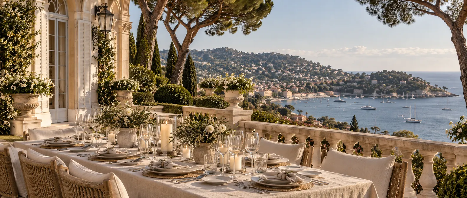 Table dressée sur la terrasse d'une villa Belle Époque à Saint-Jean-Cap-Ferrat, face à la baie de Villefranche