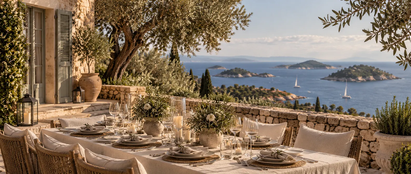 Table dressée sur la terrasse en pierre d'une villa dalmate entre les oliviers, face aux îles de l'Adriatique