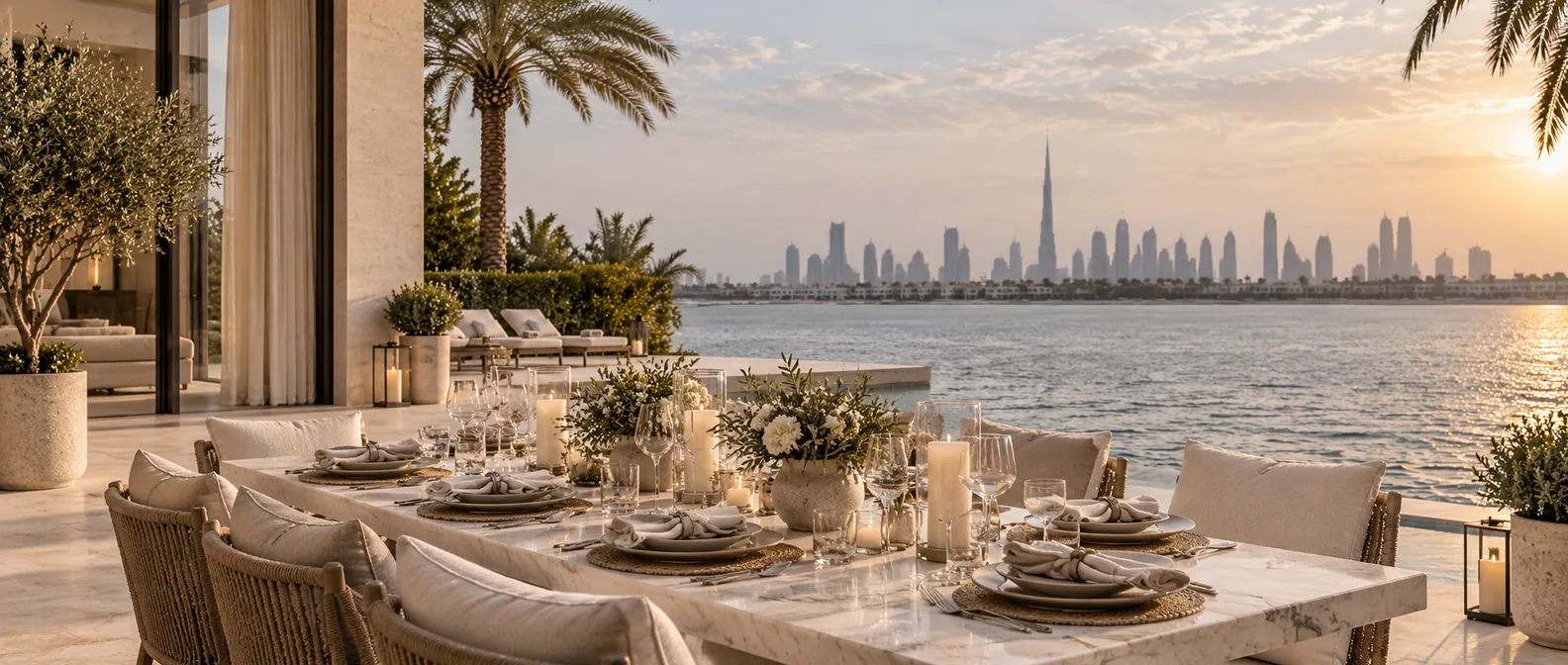 Table en marbre dressée sur la terrasse d'une villa en bord de mer, face à la skyline de Dubaï