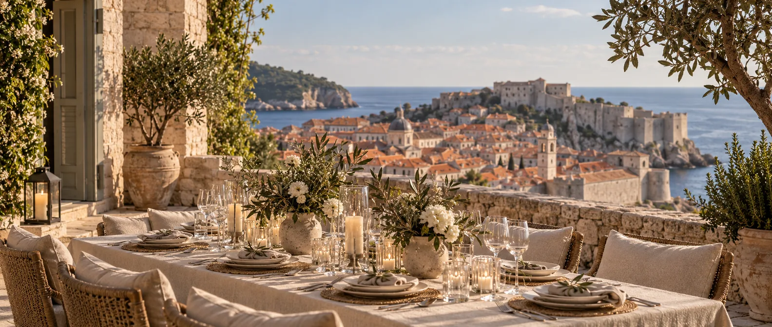 Table dressée sur une terrasse en pierre surplombant la vieille ville et les remparts de Dubrovnik
