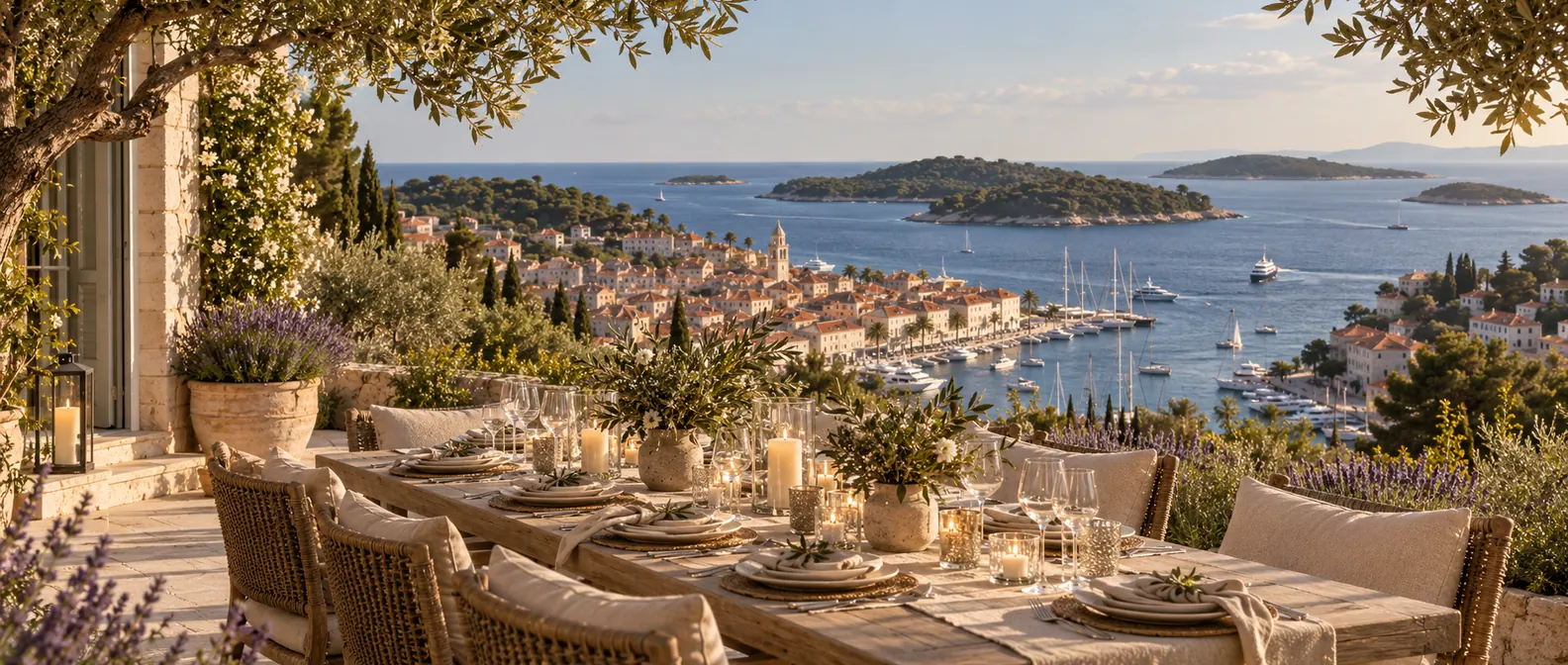 Table dressée sur la terrasse d'une villa entourée de lavande, face au port de Hvar et aux îles Pakleni