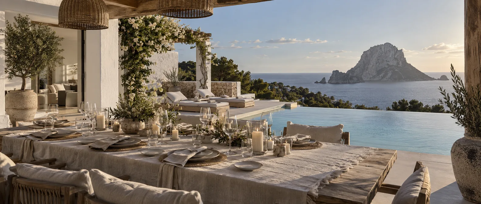 Table dressée sous la pergola d'une villa avec piscine à débordement, face à l'îlot d'Es Vedrà à Ibiza