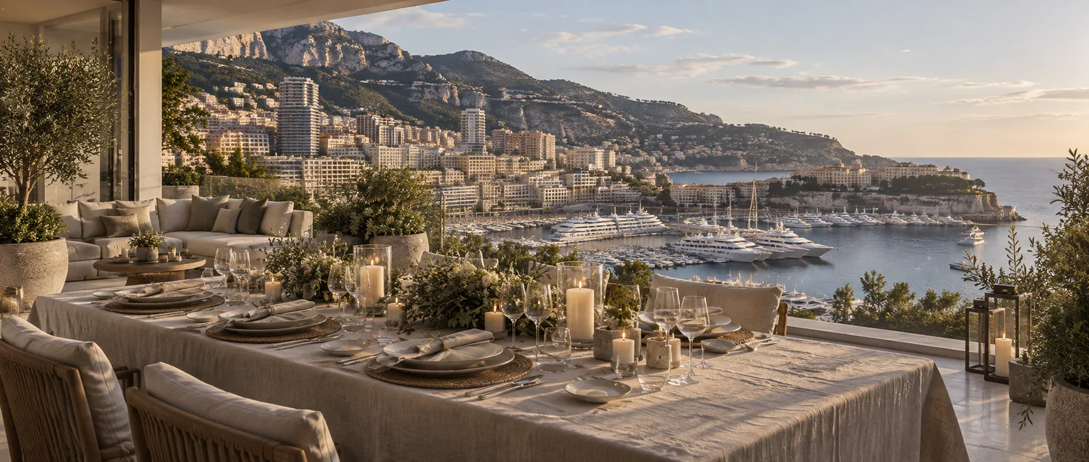 Table dressée sur la terrasse d'un appartement de luxe surplombant le port Hercule à Monaco