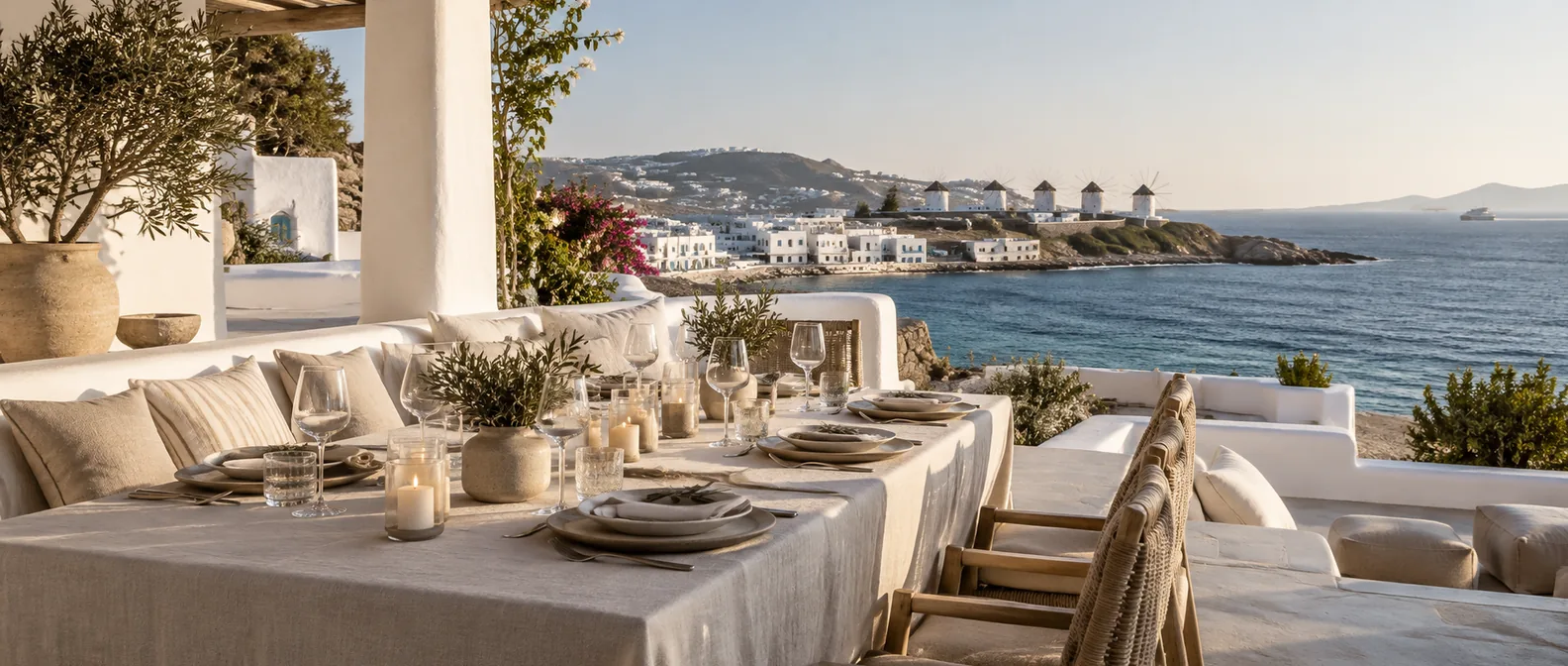 Table dressée sur la terrasse d'une villa cycladique, face à la mer Égée et aux moulins de Mykonos