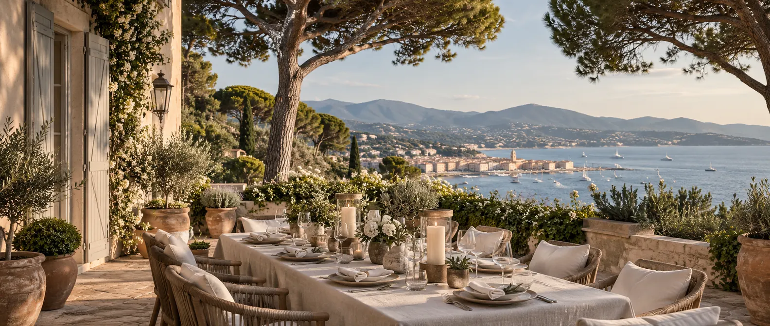 Table dressée sous les pins parasols d'une villa provençale, face au golfe de Saint-Tropez