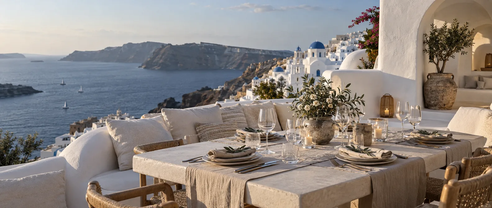 Table dressée sur la terrasse d'une villa troglodyte à Oia, face à la caldeira de Santorin