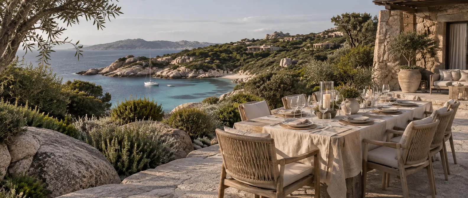 Table dressée sur la terrasse en granit d'une villa de la Costa Smeralda, au-dessus d'une crique turquoise en Sardaigne