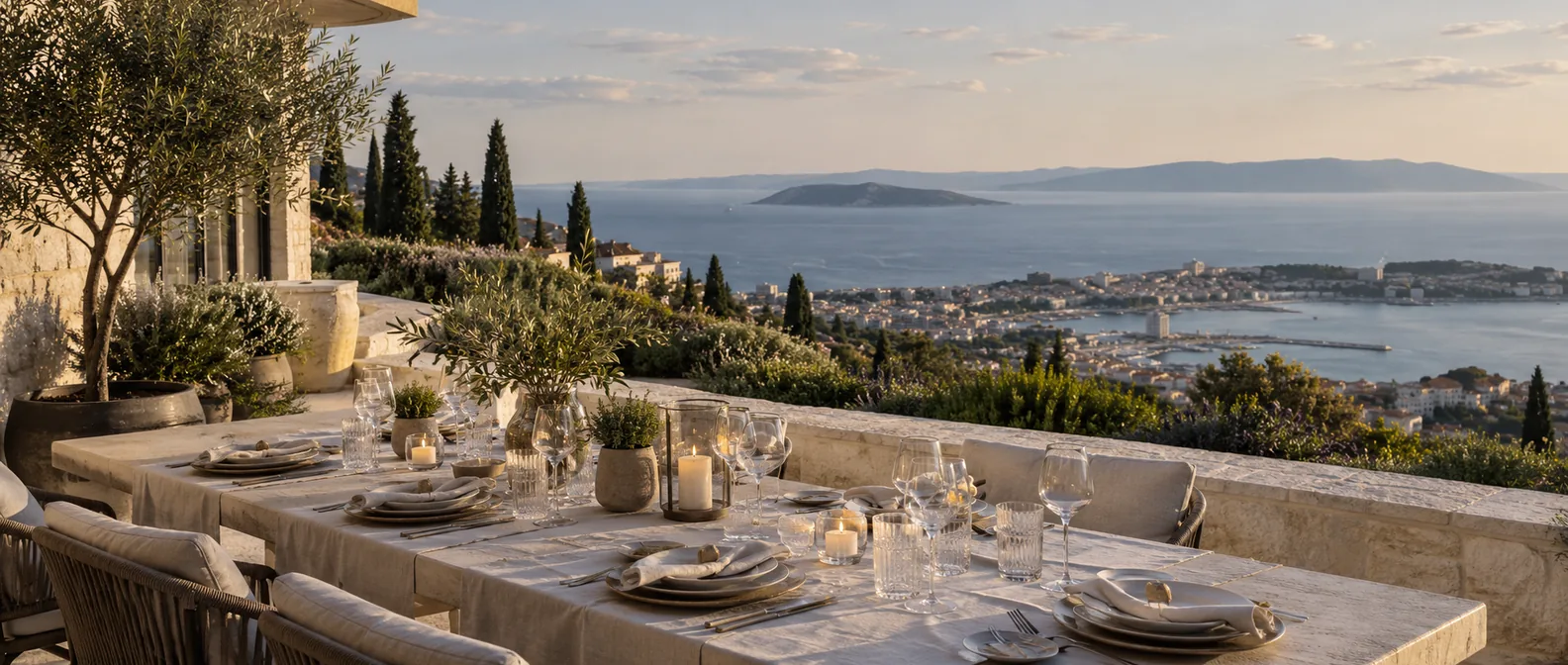 Table dressée sur la terrasse d'une villa sur les hauteurs de Split, face à la mer et aux îles de Brač et Šolta