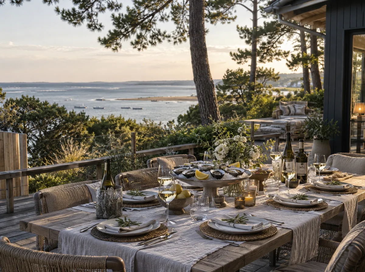 Table dressée avec huîtres et vin blanc sur une terrasse en bois, face au Bassin d'Arcachon