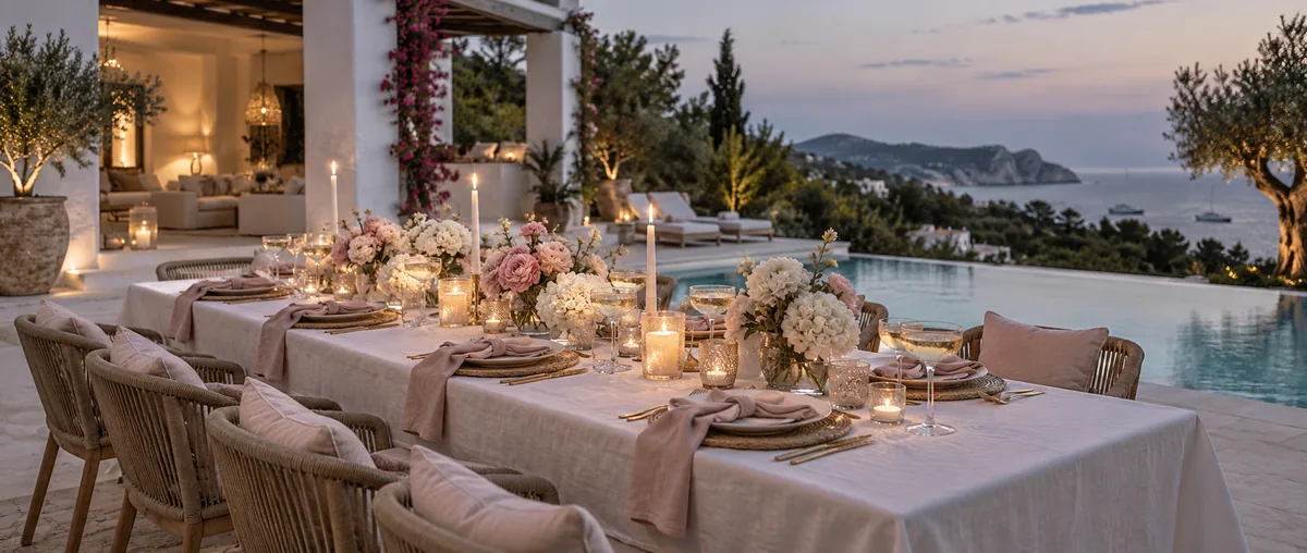Table de fête dressée au bord de la piscine d'une villa à Ibiza pour un EVJF, avec fleurs roses et bougies