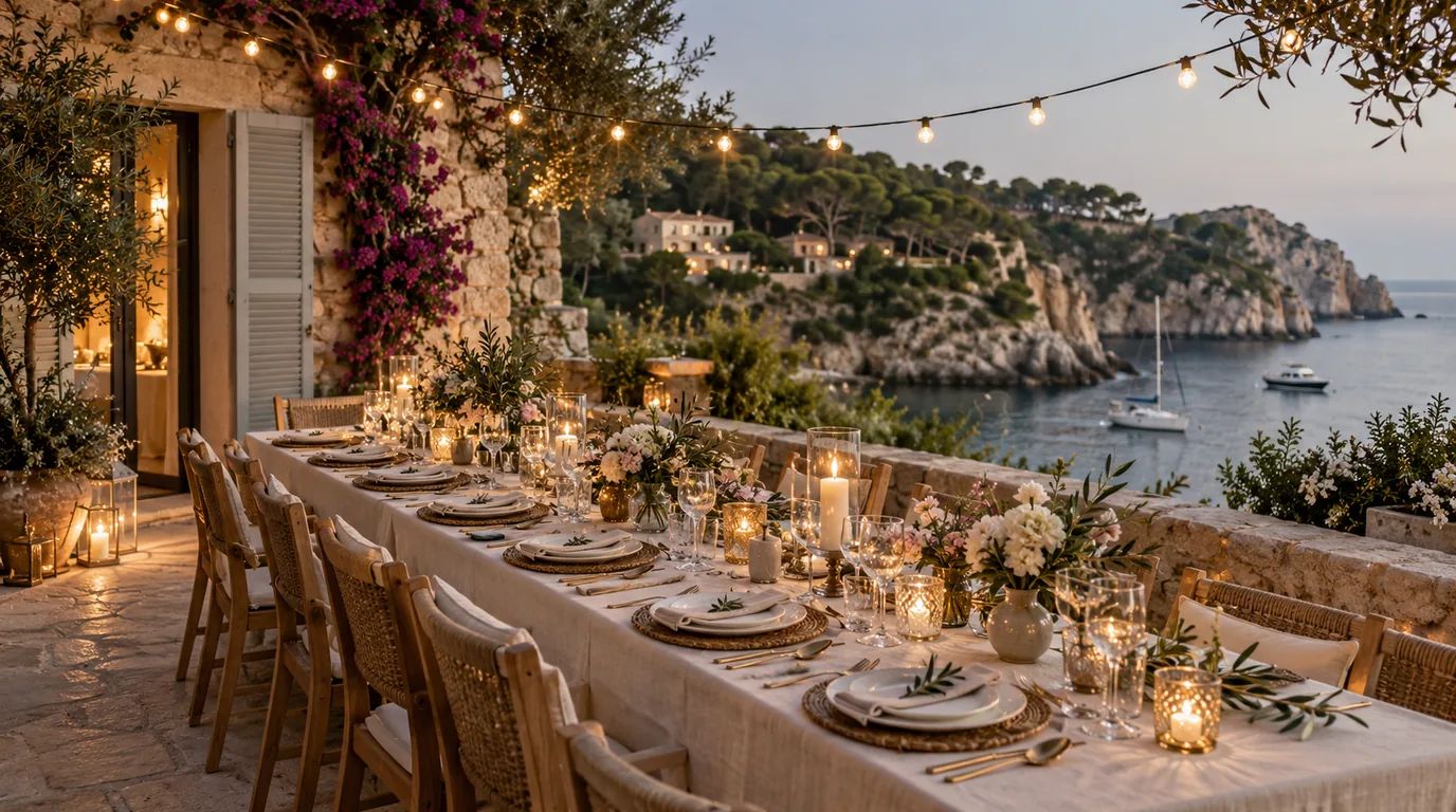 Longue table de fête sous des guirlandes lumineuses, sur une terrasse en pierre à Majorque face à une crique