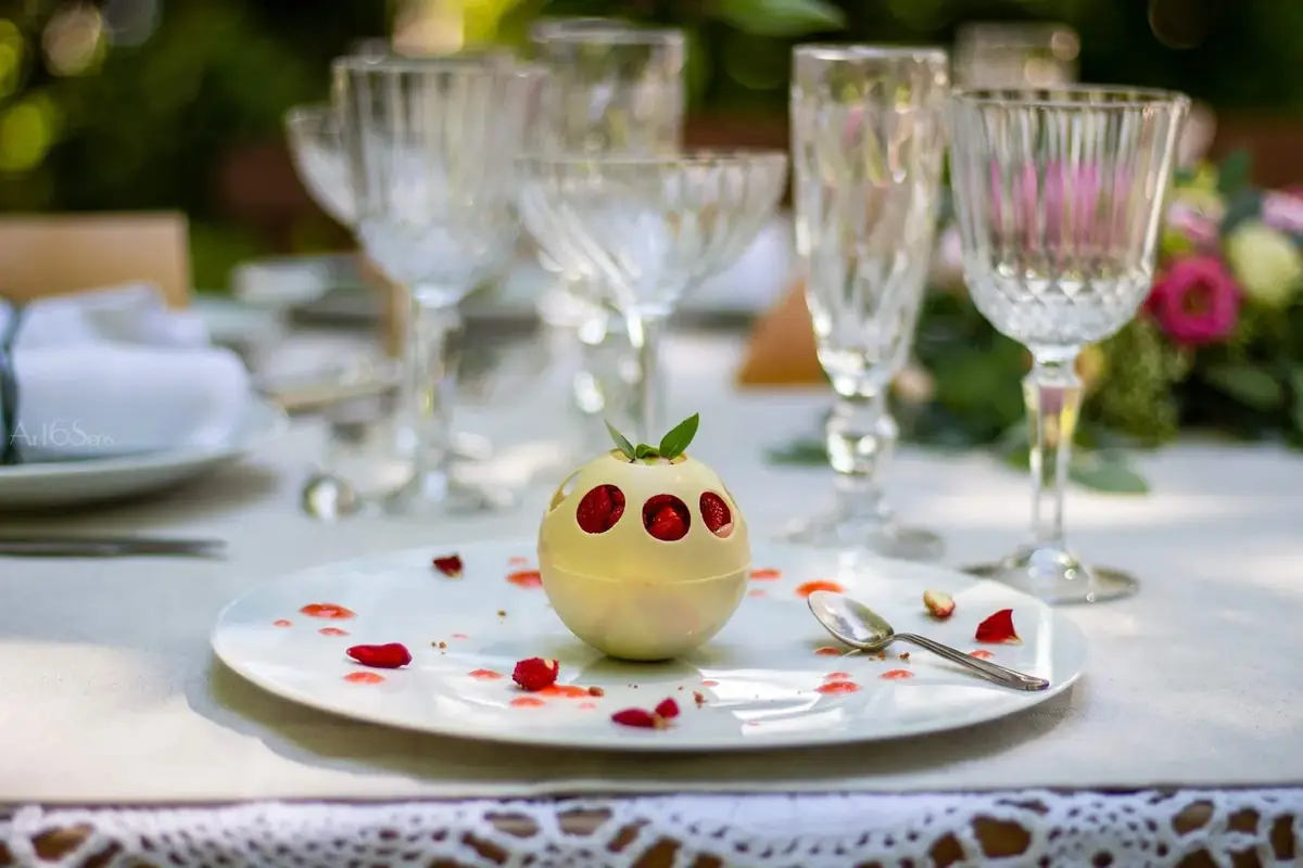 Dessert served at the table during an outdoor private dinner