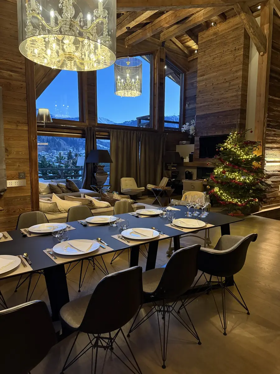 Christmas table set in a mountain chalet by the private chef