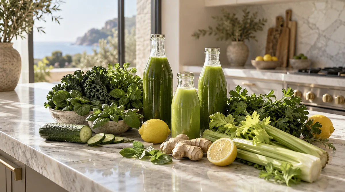 Chef privé pour une retraite détox : des jus verts pressés en cuisine