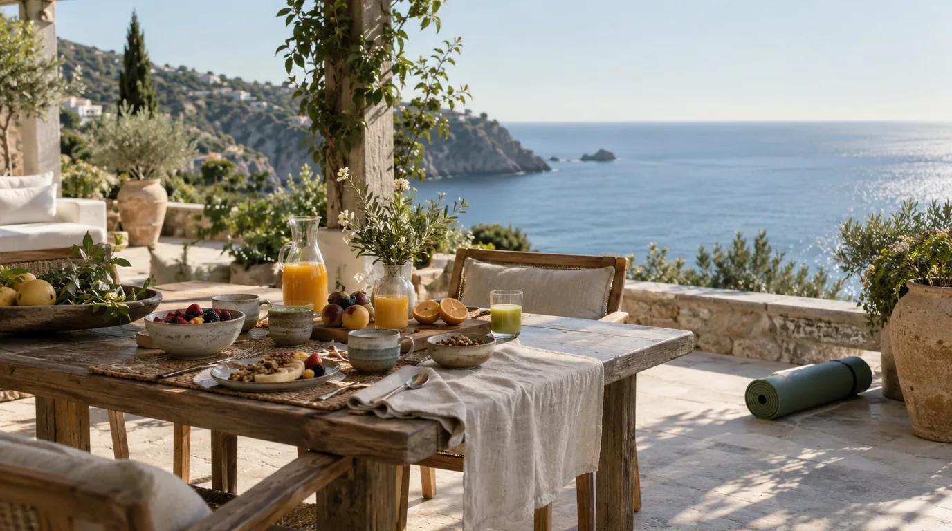 Petit-déjeuner healthy sur la terrasse d'une villa face à la mer : jus pressés, fruits frais, granola et tapis de yoga
