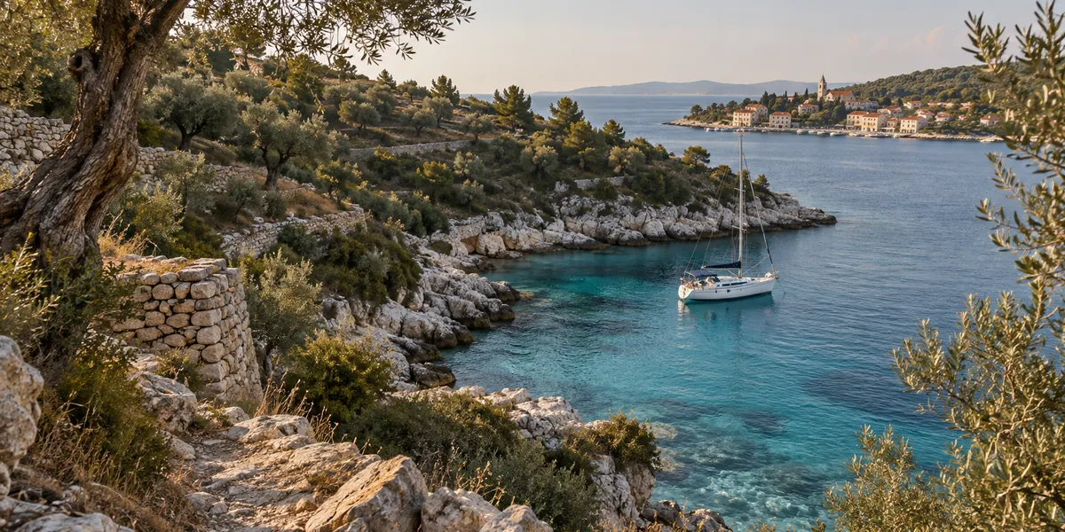 A turquoise cove on the island of Šolta, framed by olive trees and dry stone walls, with a sailboat at anchor