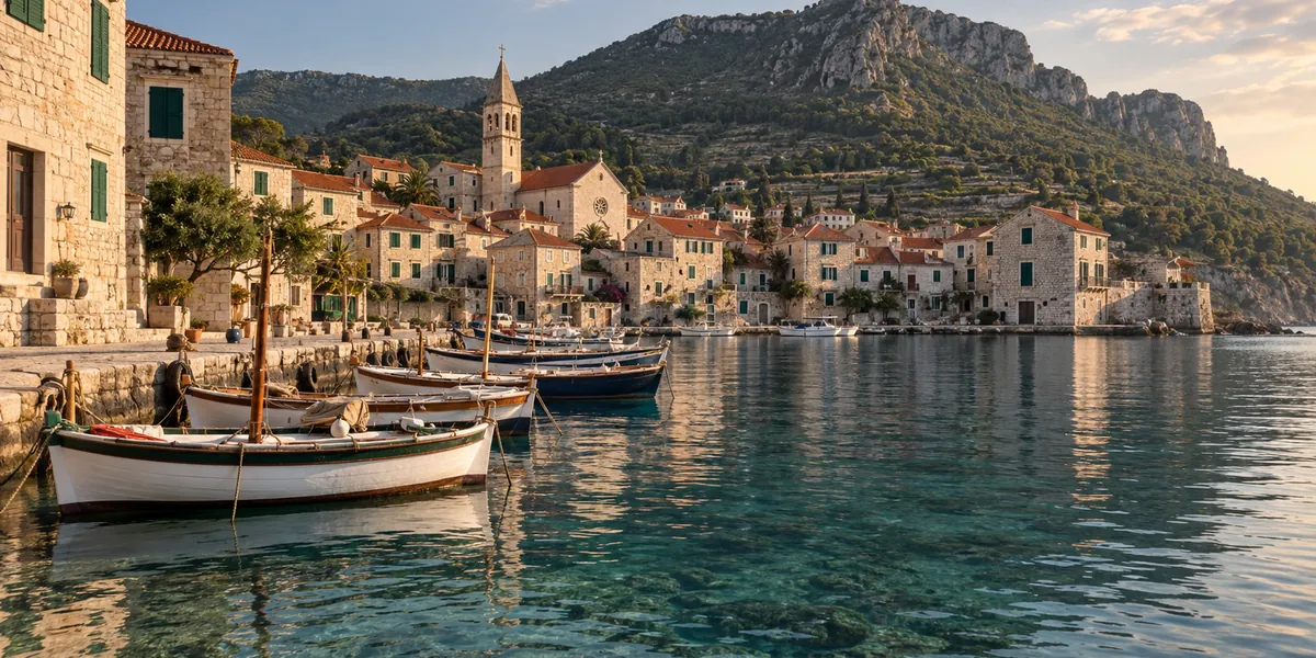 The fishing harbour of Komiža on the island of Vis, with wooden boats, stone houses and Mount Hum